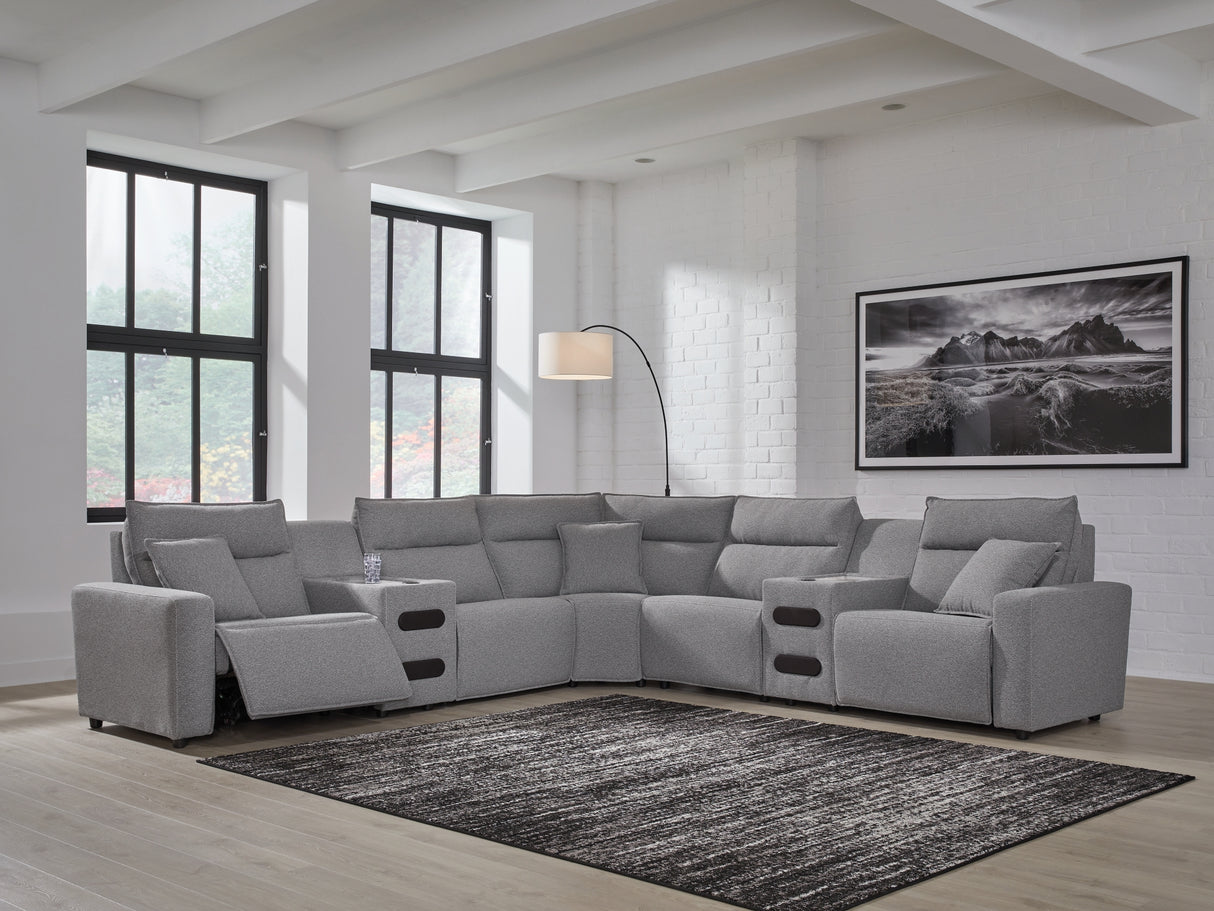 Modmax II Salt and Pepper 7-Piece Power Reclining Sectional with 2 Audio Consoles from Ashley - Luna Furniture