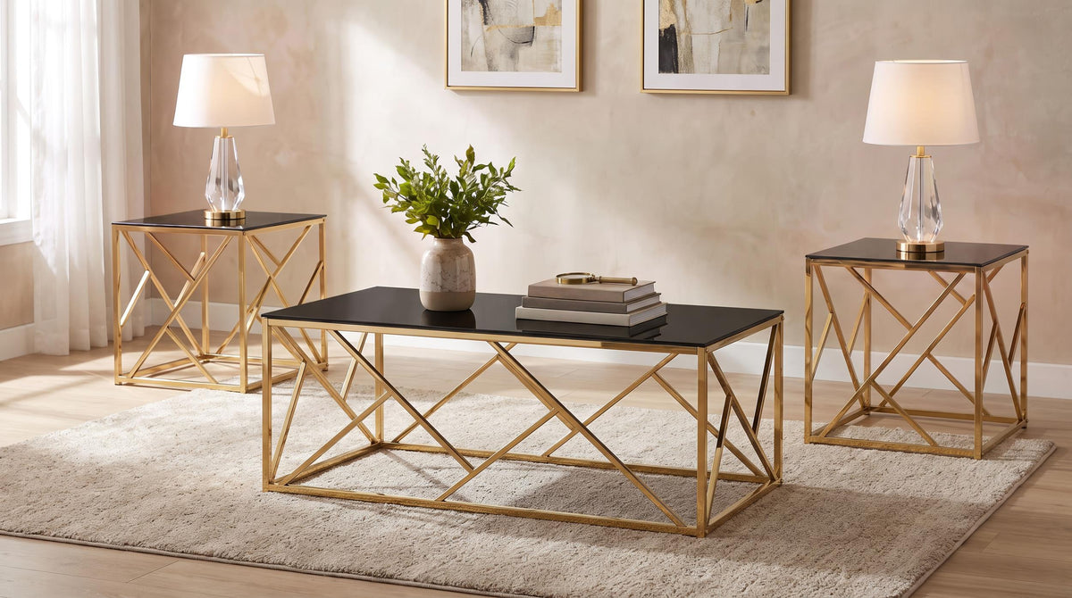Comisso Black/Gold 3-Piece Tempered Glass Top Contemporary Coffee Table Set from Coaster - Luna Furniture