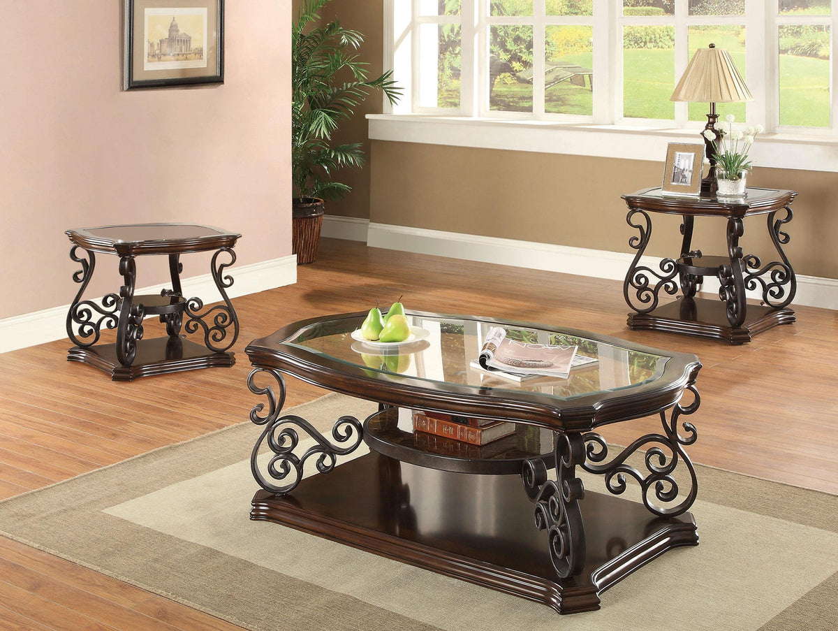 Laney Dark coffee and end table set, dark merlot finish, glass tops, living room staging