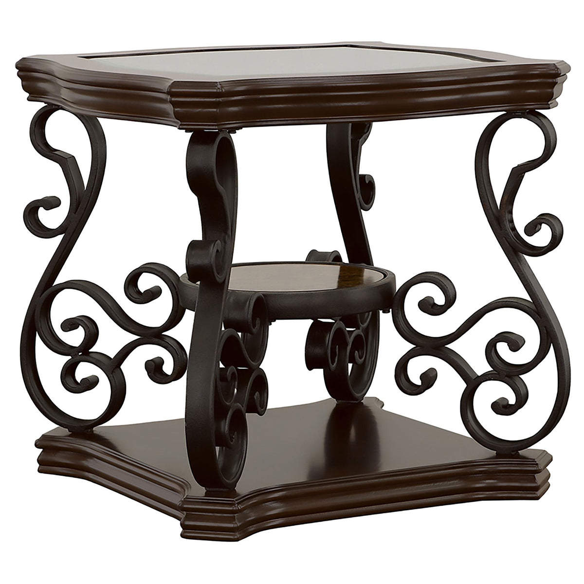 Laney Dark end table, square glass top and ornate scroll base, front view
