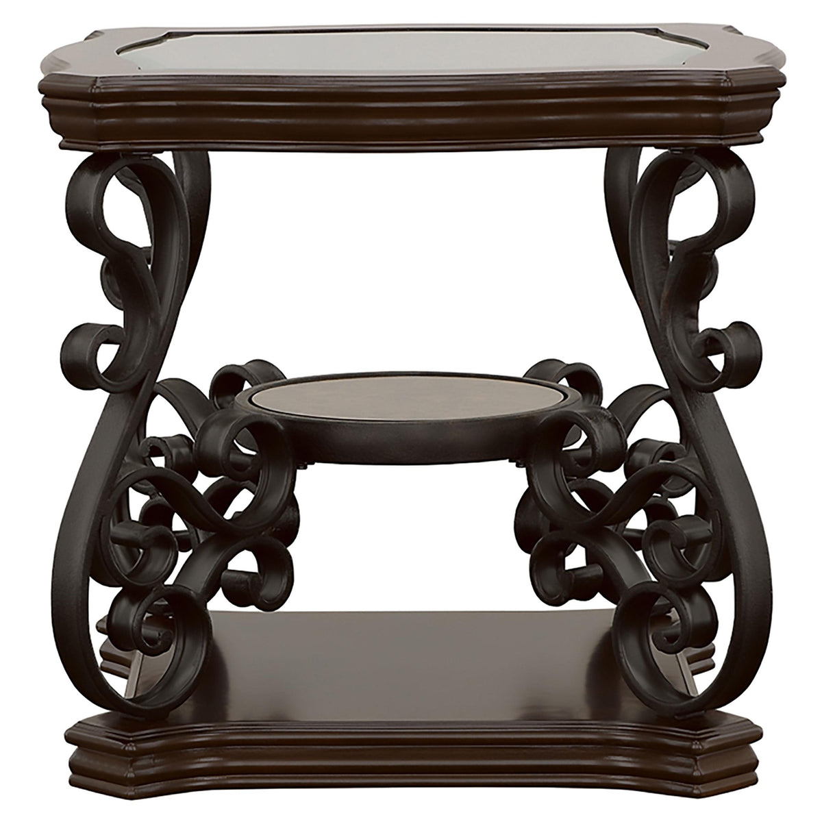 Laney Dark end table, square top, scrollwork base, side angle on white