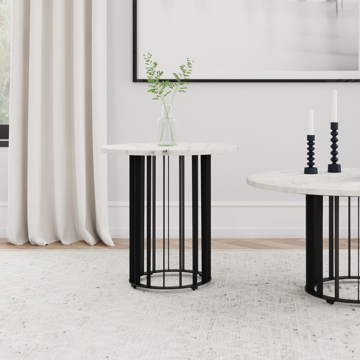 Haven Black Round Genuine White Marble Top End Side Table from Coaster - Luna Furniture