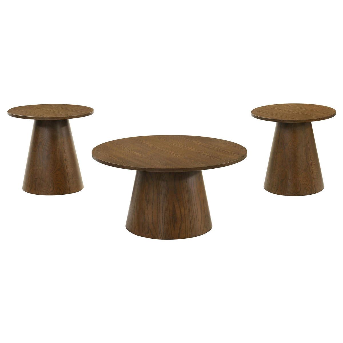 Franklin Dark 3-piece round pedestal table set, dark brown wood grain, studio overview
