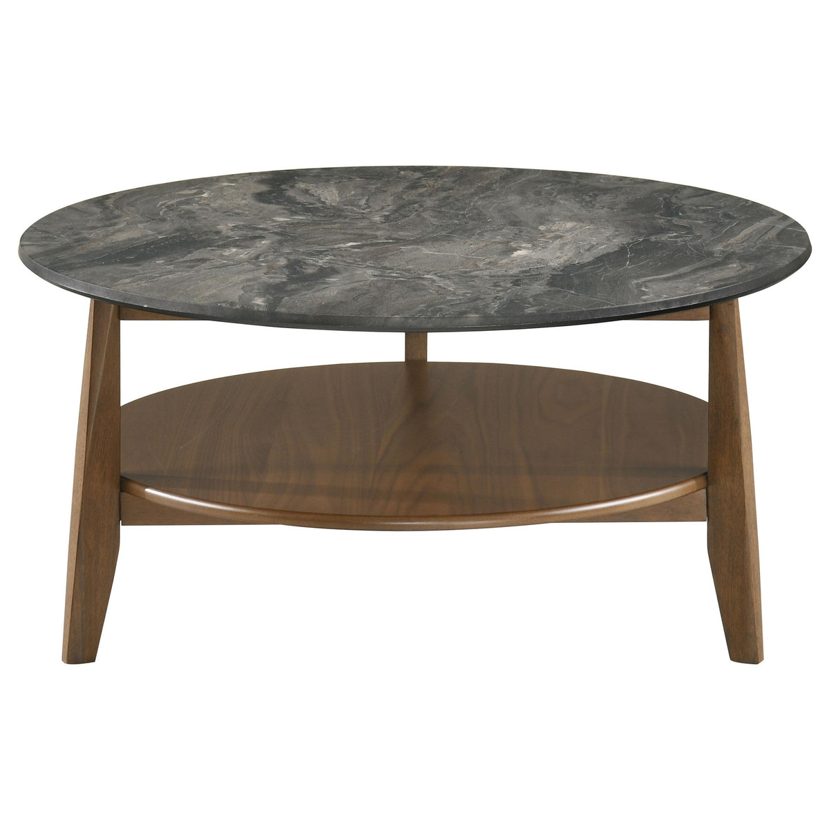 Bradley coffee table, smoky gray marble-look top and brown wood shelf, side angle