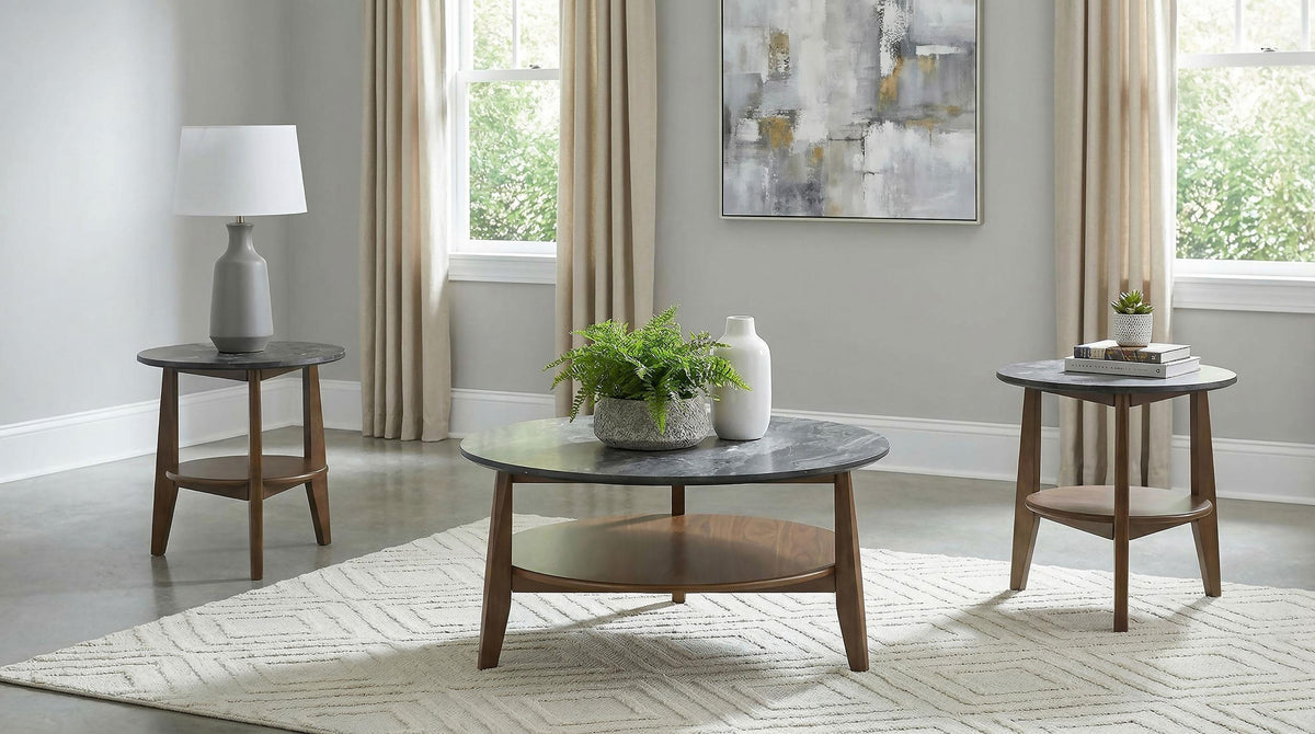Bradley Smokey 3-piece table set in living room, coffee table and two end tables
