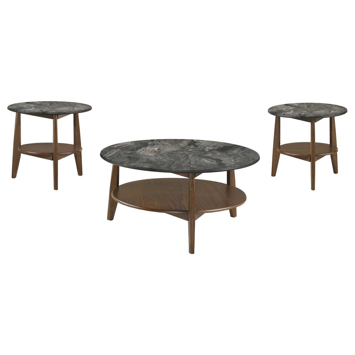 Bradley Smokey 3-piece round table set, gray marbled tops and brown wood bases