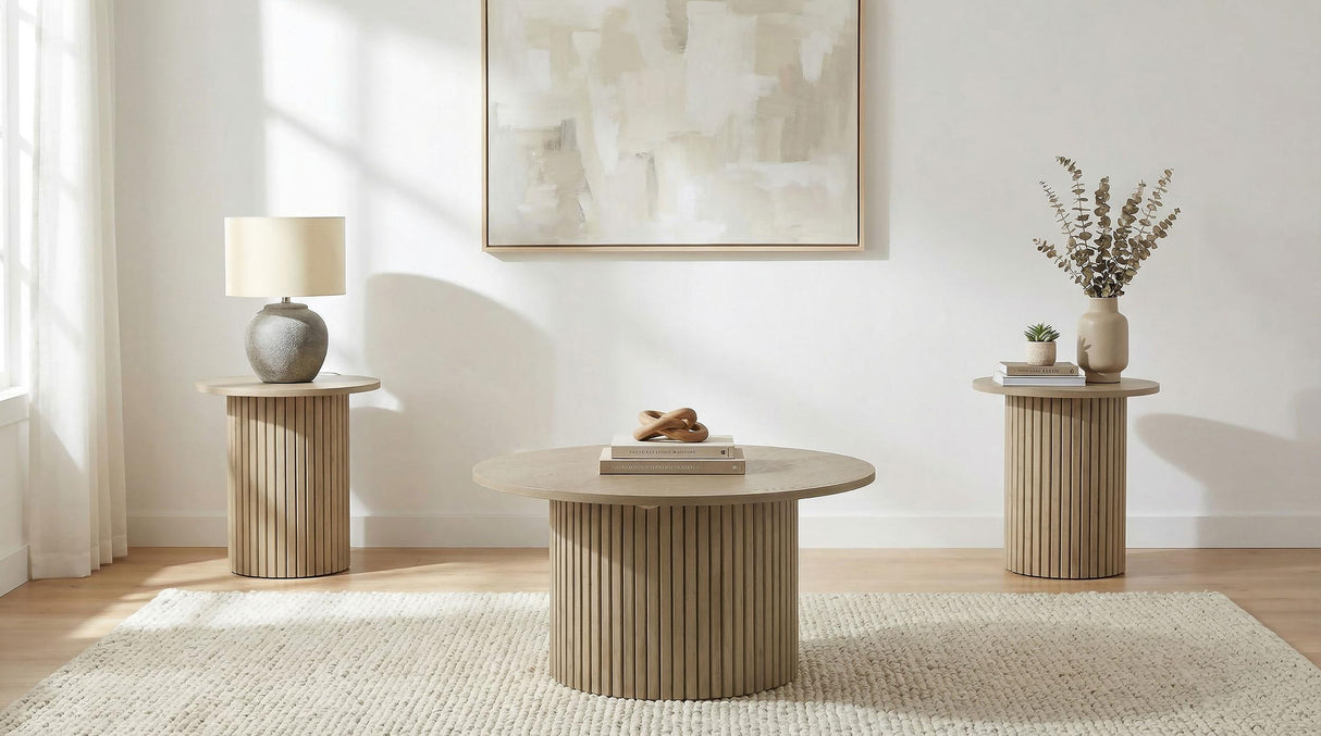 Hamlyn Natural Oak 3-Piece Round Fluted Coffee and End Table Set from Coaster - Luna Furniture
