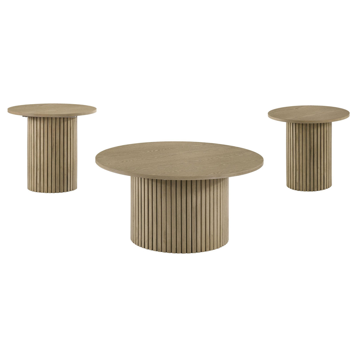 Hamlyn Natural Oak 3-Piece Round Fluted Coffee and End Table Set from Coaster - Luna Furniture