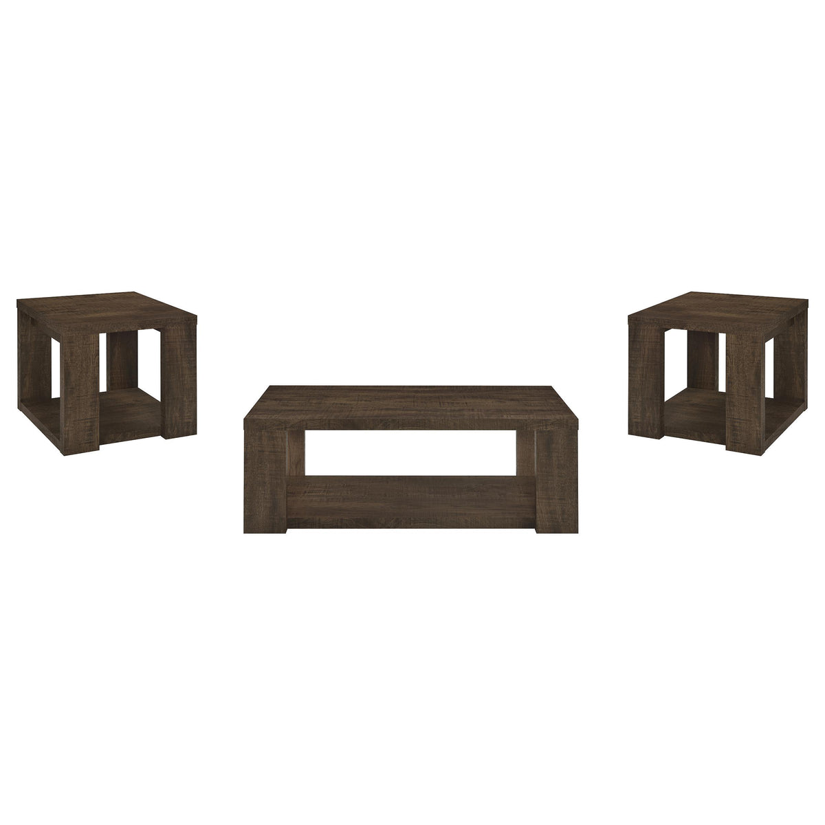 Pavone Dark Rustic Mango 3-Piece Coffee and End Table Set with Open Shelves from Coaster - Luna Furniture