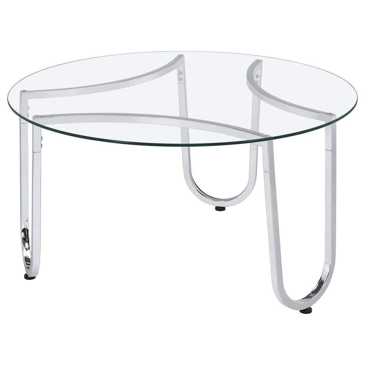 Beller Chrome coffee table, clear glass top and curved chrome legs, front three-quarter view