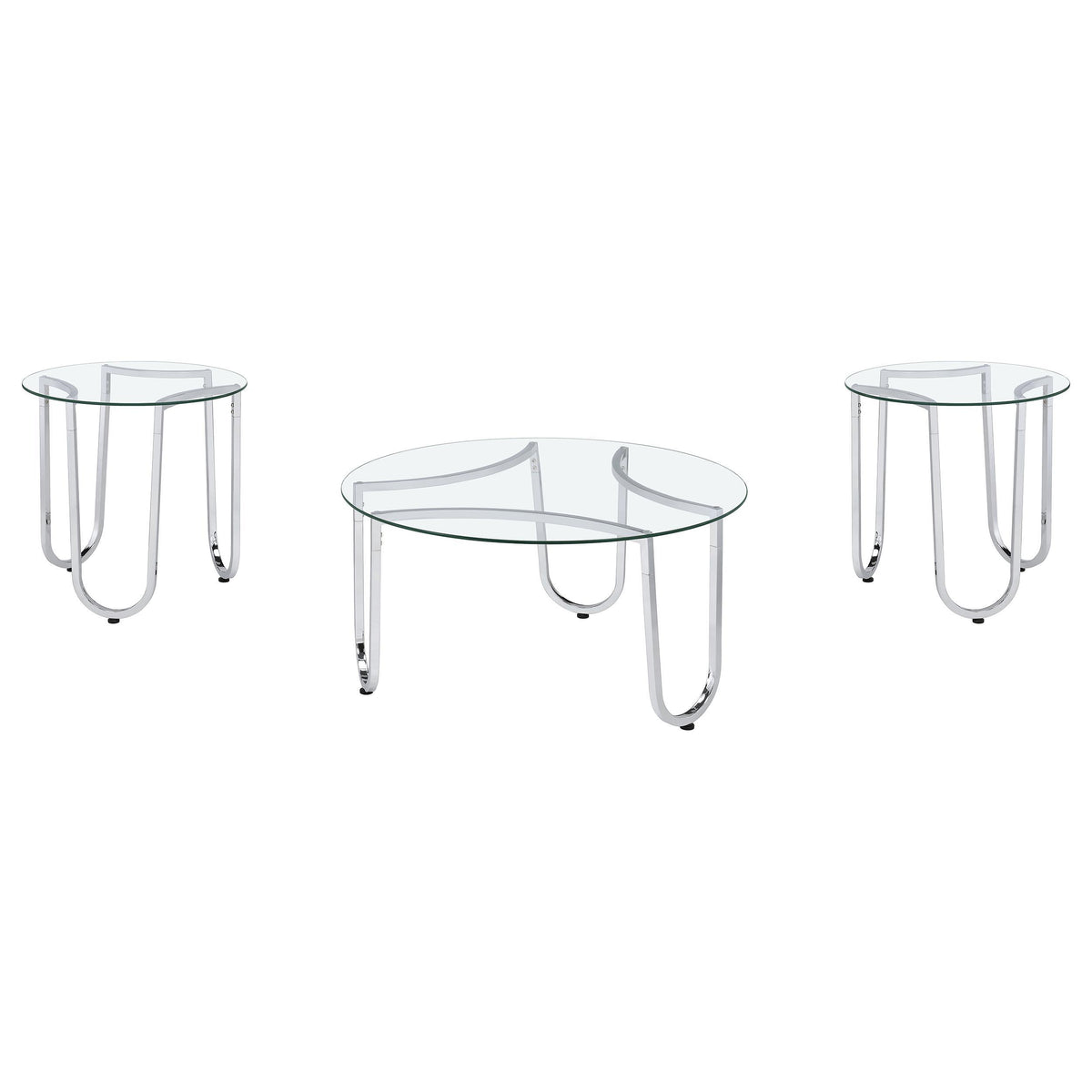 Beller Chrome 3-piece round coffee table set, three sizes with tempered glass tops and chrome loop bases