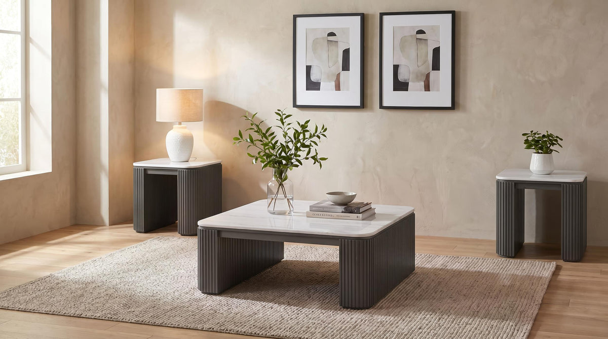Lior Charcoal 3-Piece Square Marble Top Coffee and End Table Set from Coaster - Luna Furniture