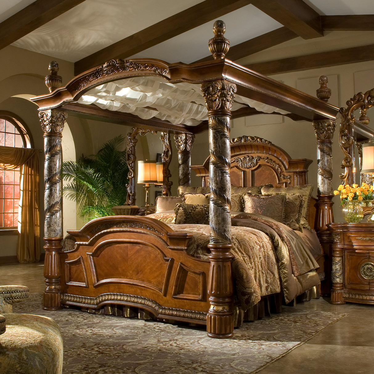 Villa Valencia® Classic Chestnut Eastern King Canopy Bed from Michael Amini - Luna Furniture