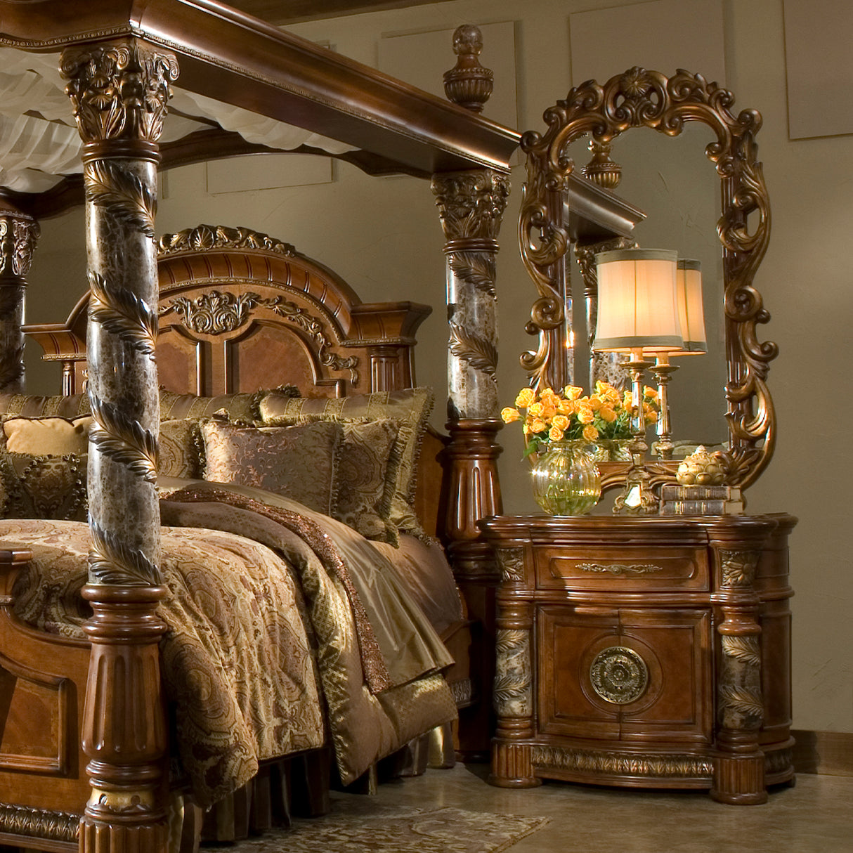 Villa Valencia Classic Chestnut Bedside Chest With Mirror from Michael Amini - Luna Furniture