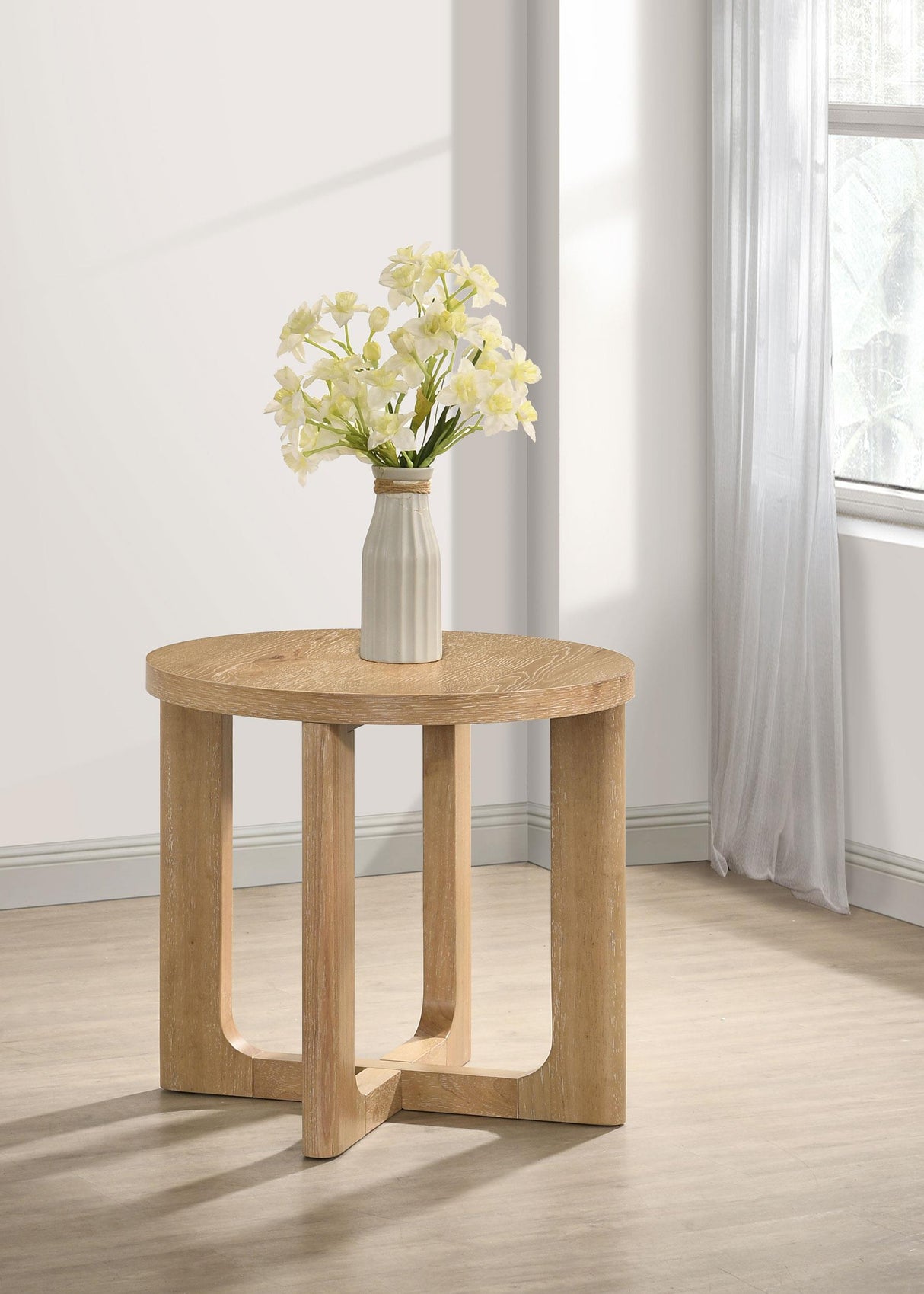 Kessler Light Oak Round Sculptural Wood End Table from Coaster - Luna Furniture