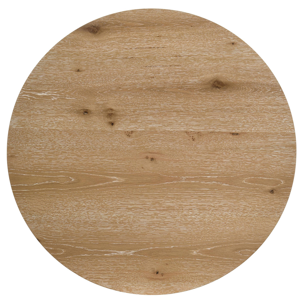 Kessler Light coffee table, round light oak top, sculptural open base, front view