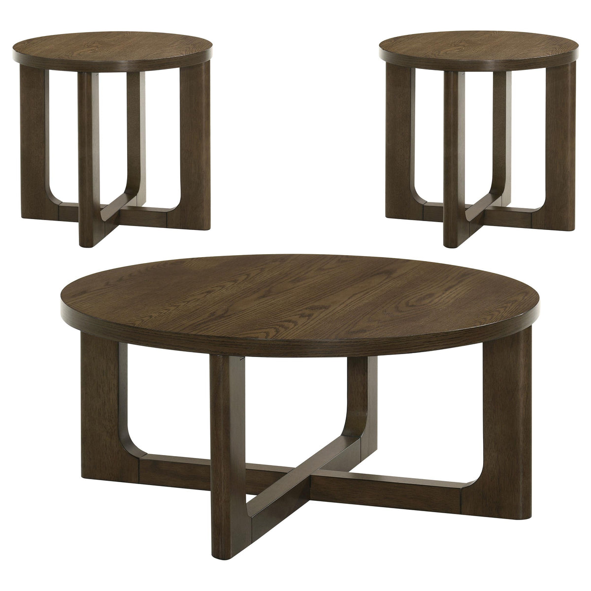 Kessler Brown 3-piece round coffee table set, one coffee table and two end tables, front view