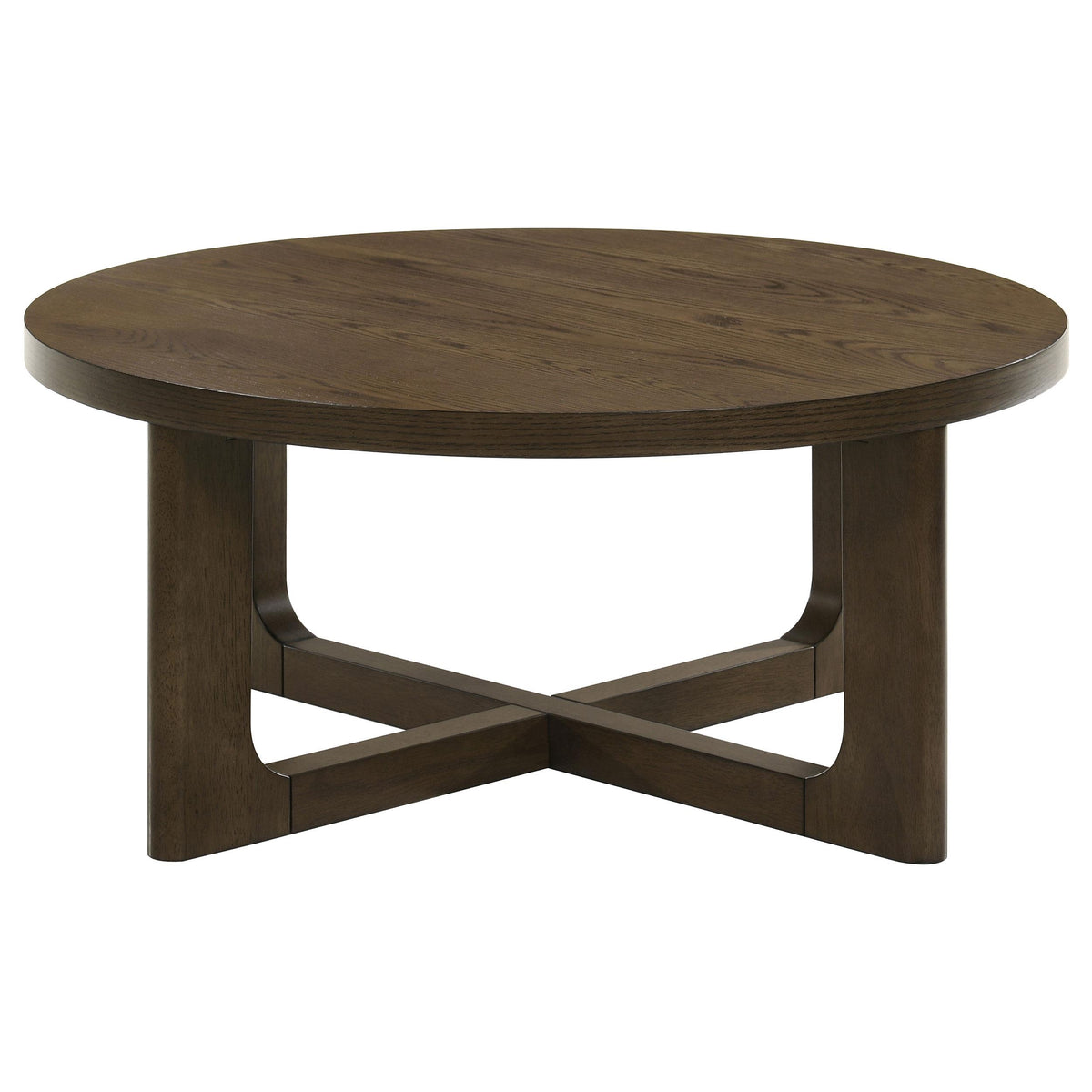 Kessler Brown round coffee table, sculptural wood base, top view