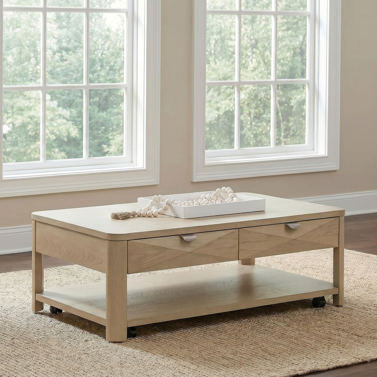Marcelo Light Elm Wood Coffee Table with 2 Drawers and Shelf from Coaster - Luna Furniture