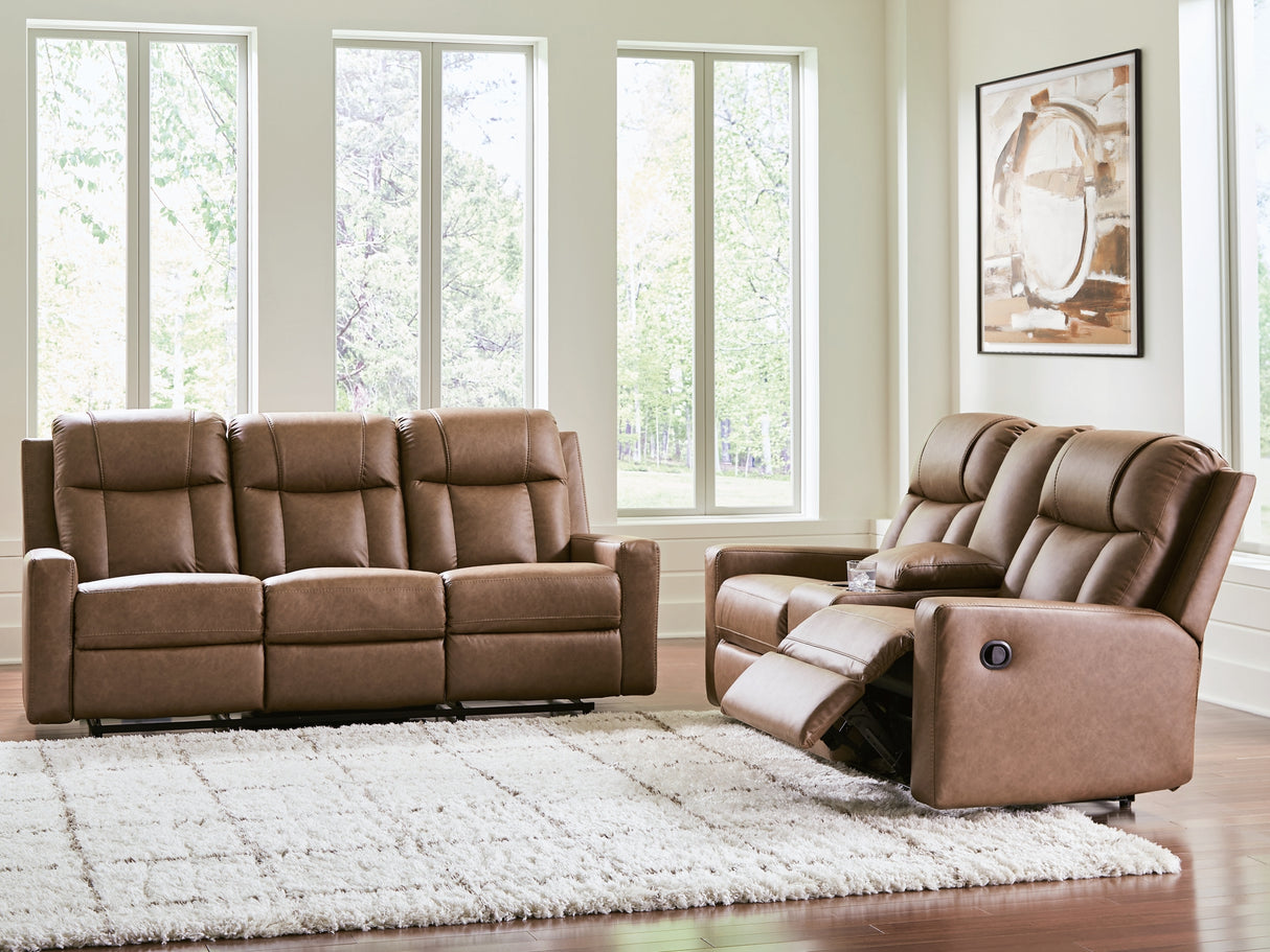Mackmenville Reclining Sofa and Reclining Loveseat with Console in Caramel from Ashley - Luna Furniture