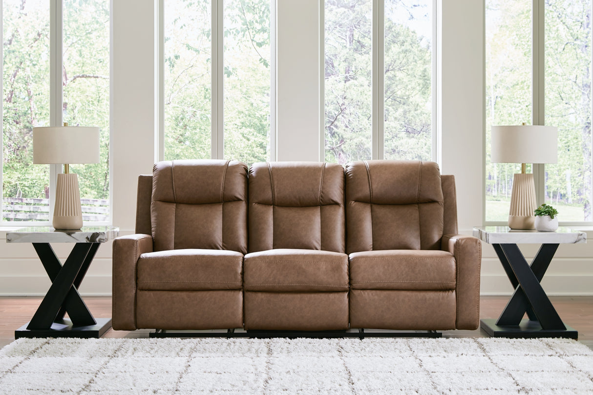 Mackmenville Caramel Reclining Sofa and Reclining Loveseat with Console from Ashley - Luna Furniture