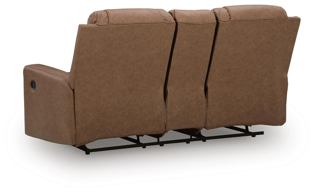 Mackmenville Caramel Reclining Sofa and Reclining Loveseat with Console from Ashley - Luna Furniture