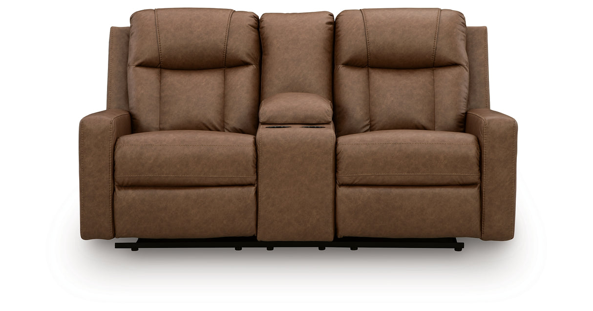 Mackmenville Caramel Reclining Sofa and Reclining Loveseat with Console from Ashley - Luna Furniture