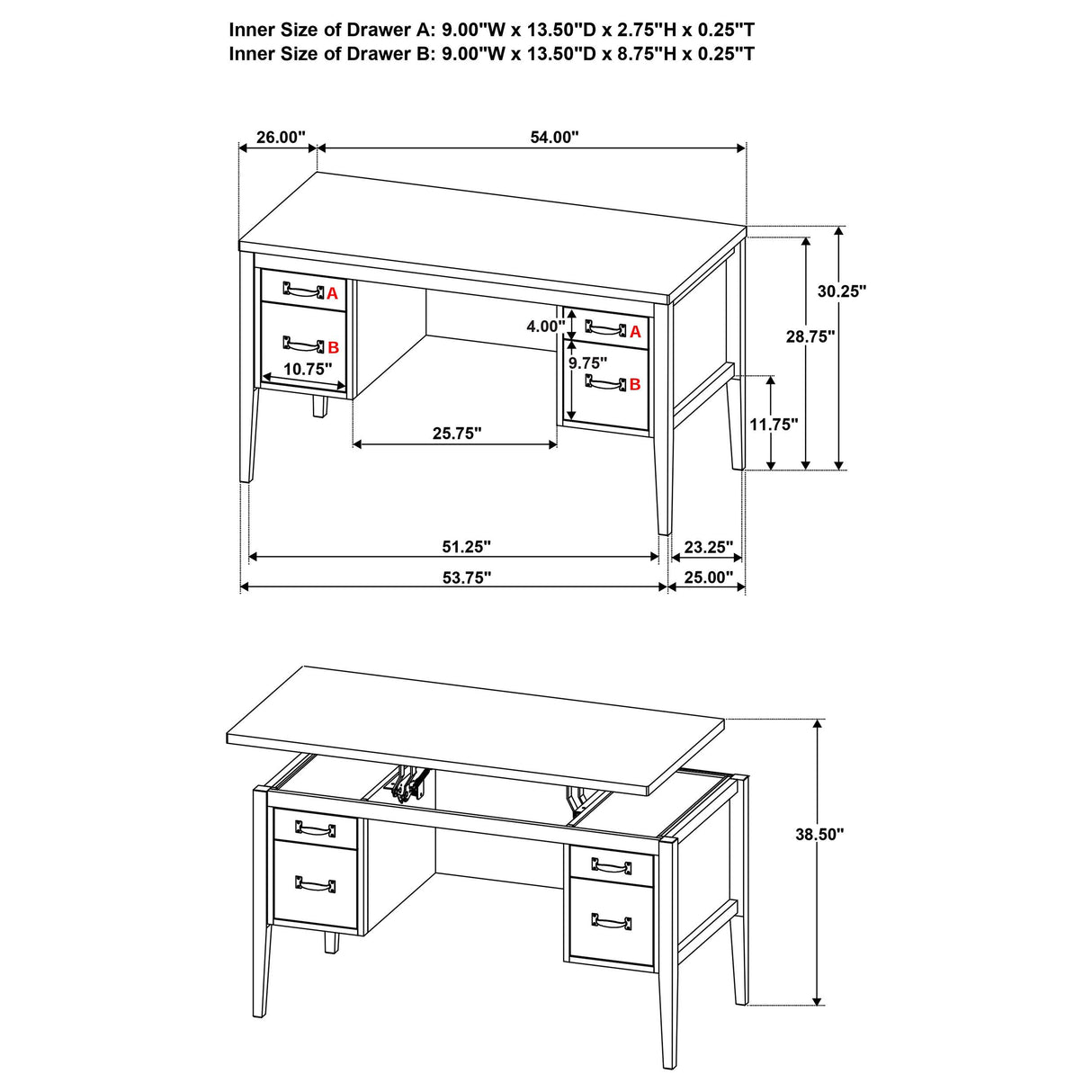 Graham Black 54-inch 4-drawer Double Pedestal Lift Top Computer Desk from Coaster - Luna Furniture
