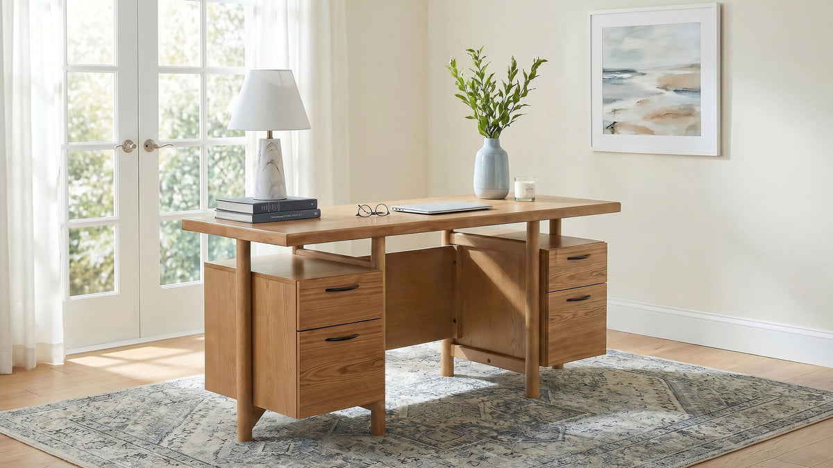 Roldan Light ash computer desk in styled room, with lamp, vase, art and rug