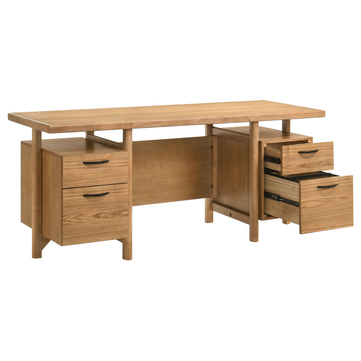 Roldan Light ash computer desk, open drawers with file hardware, three-quarter view