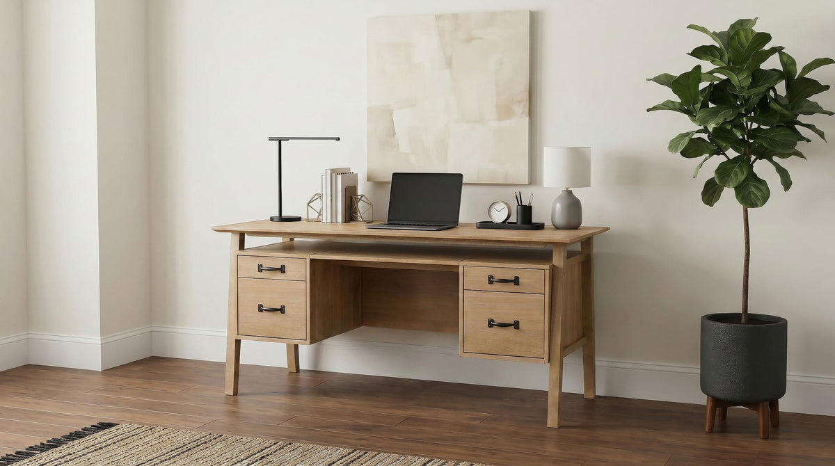Goodson Distressed computer desk, 4 drawers, light brown wood finish, front lifestyle view