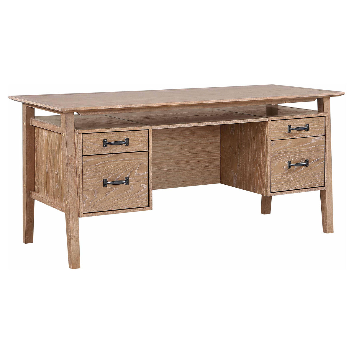 Goodson Distressed computer desk, 4 drawers and open shelf, three-quarter view