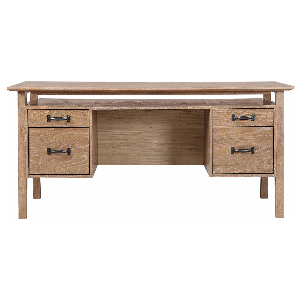 Goodson Distressed computer desk, front view, open center kneehole and drawer storage