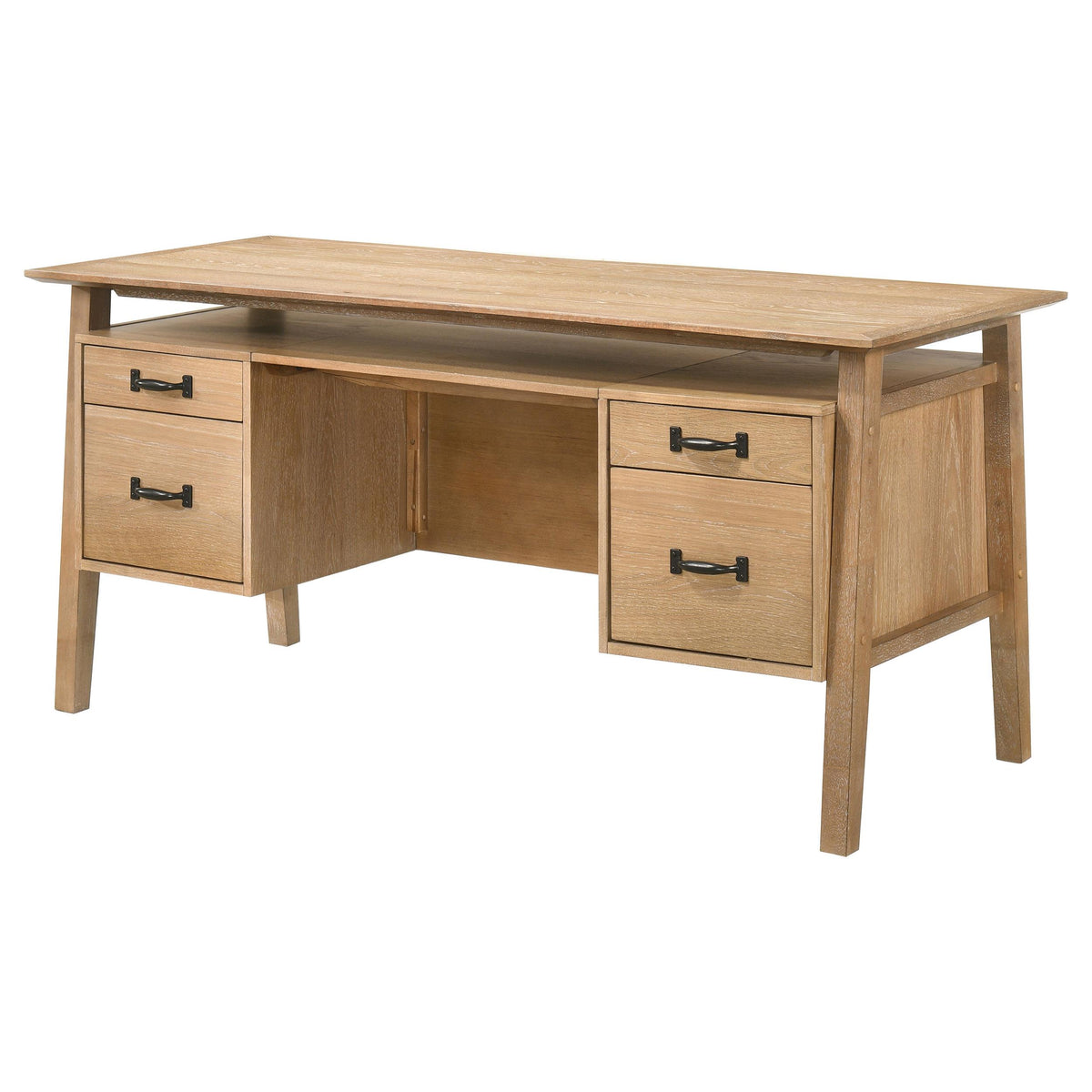 Goodson Distressed computer desk, left-front three-quarter view, light brown wood finish