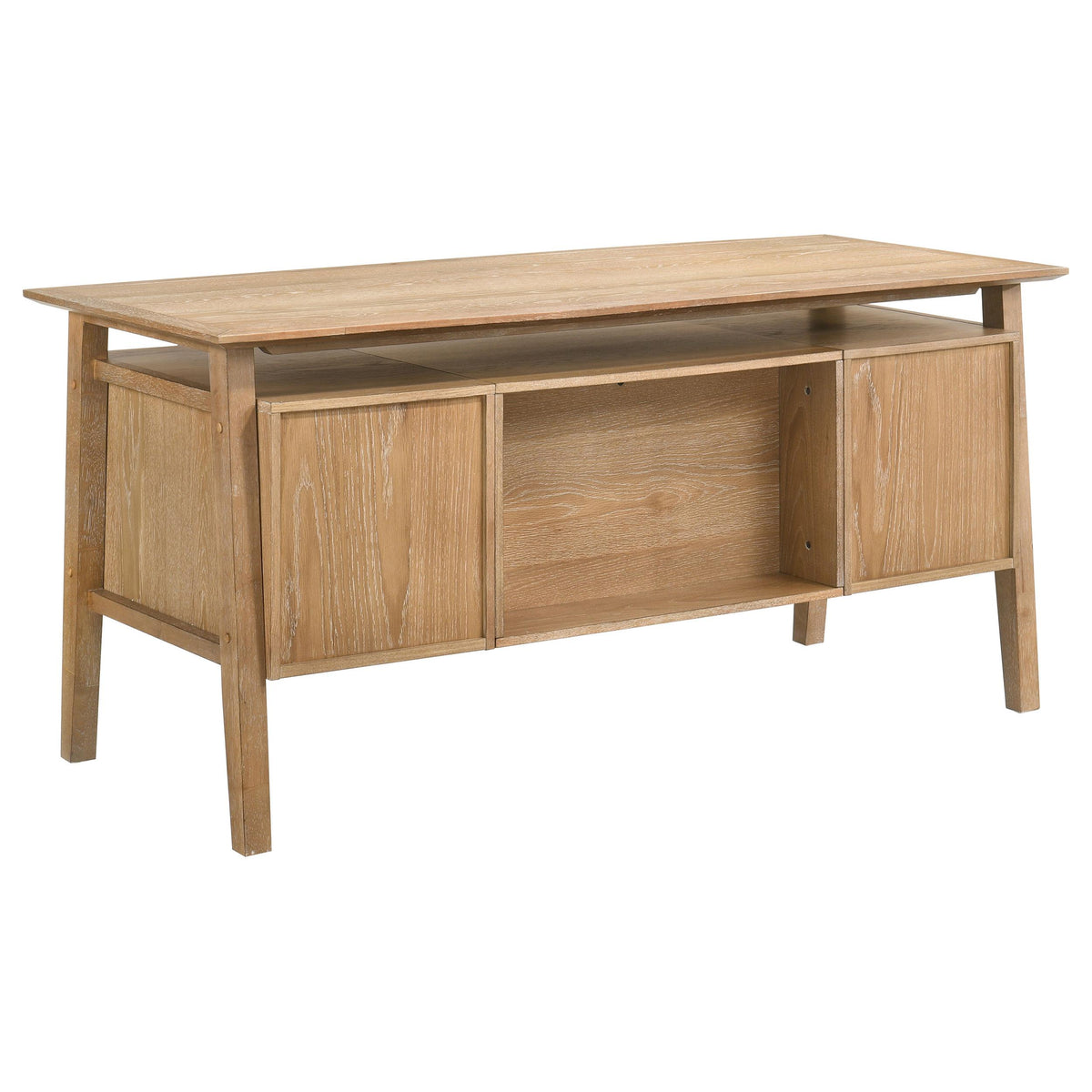 Goodson Distressed computer desk, rear view, wood finish and side panel construction
