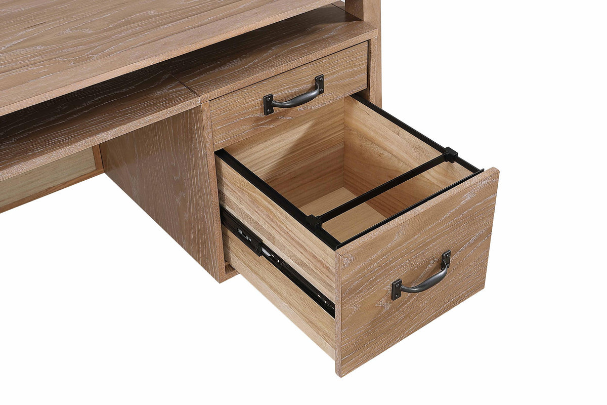 Goodson Distressed computer desk, drawer interior and metal slides, close-up