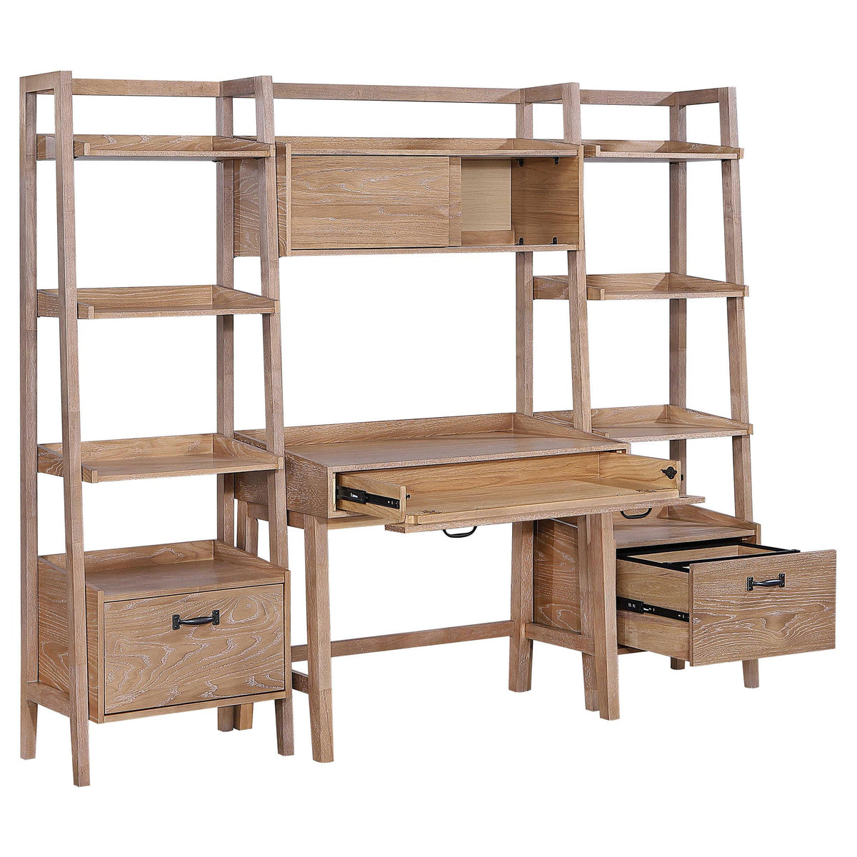 Fabian Distressed computer desk set, center drawer open and side drawer extended, light brown wood