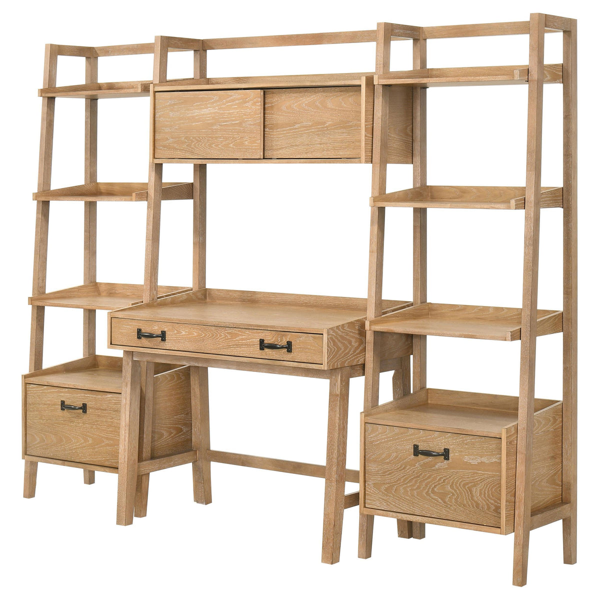 Fabian Distressed computer desk set, angled assembled view with bridge and shelving, light brown finish