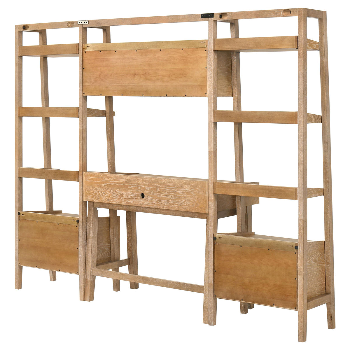 Fabian Distressed office desk set rear view, panel backs and shelf framing, light brown