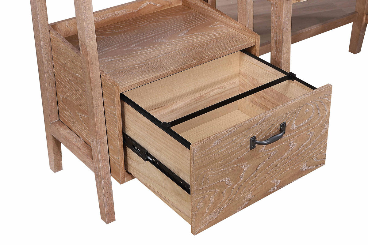Fabian Distressed side drawer cabinet, open drawer detail, light brown wood grain