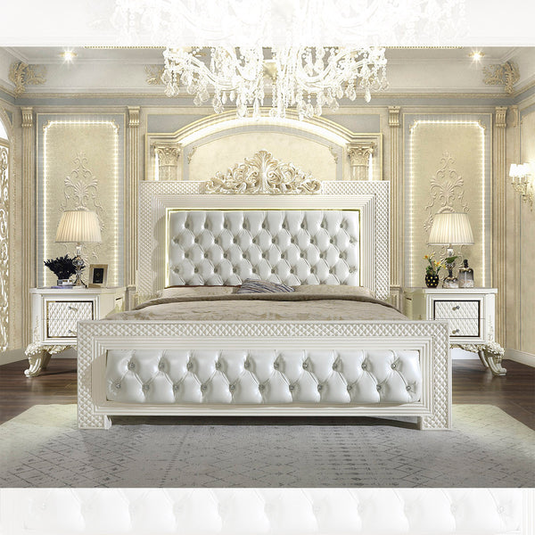 HD-8091 White Gloss/Gold Brush Highlights 3-Piece Eastern King Set Bed + 2 Nightstands