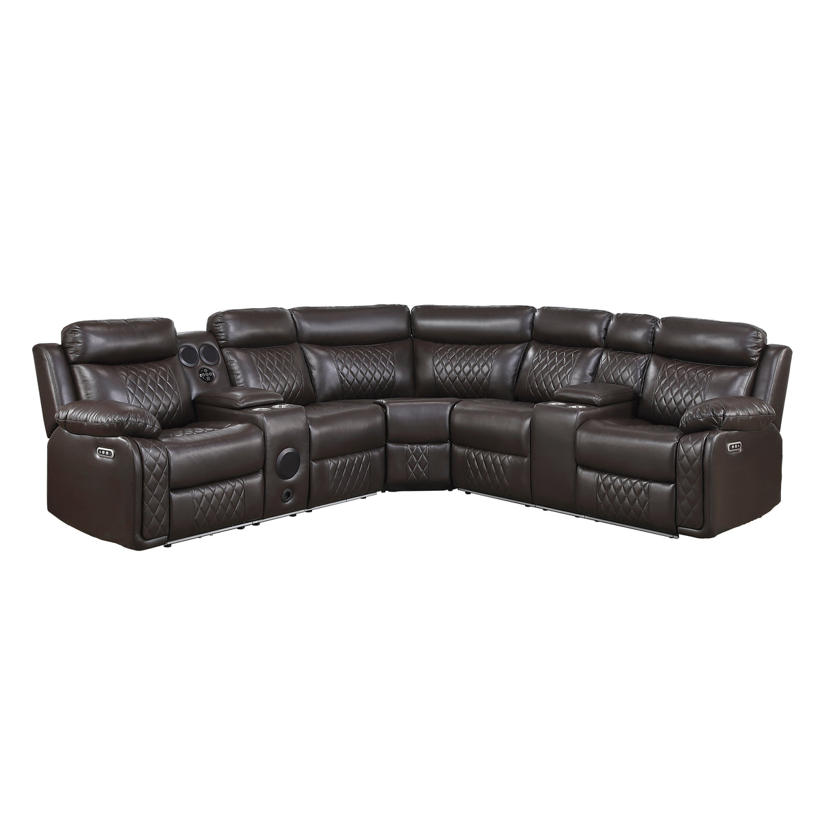 8315DBR*SCPW (3)3-Piece Power Reclining Sectional with Two Consoles, Speakers, Subwoofer, LED Lighting and Charging Port from Homelegance - Luna Furniture