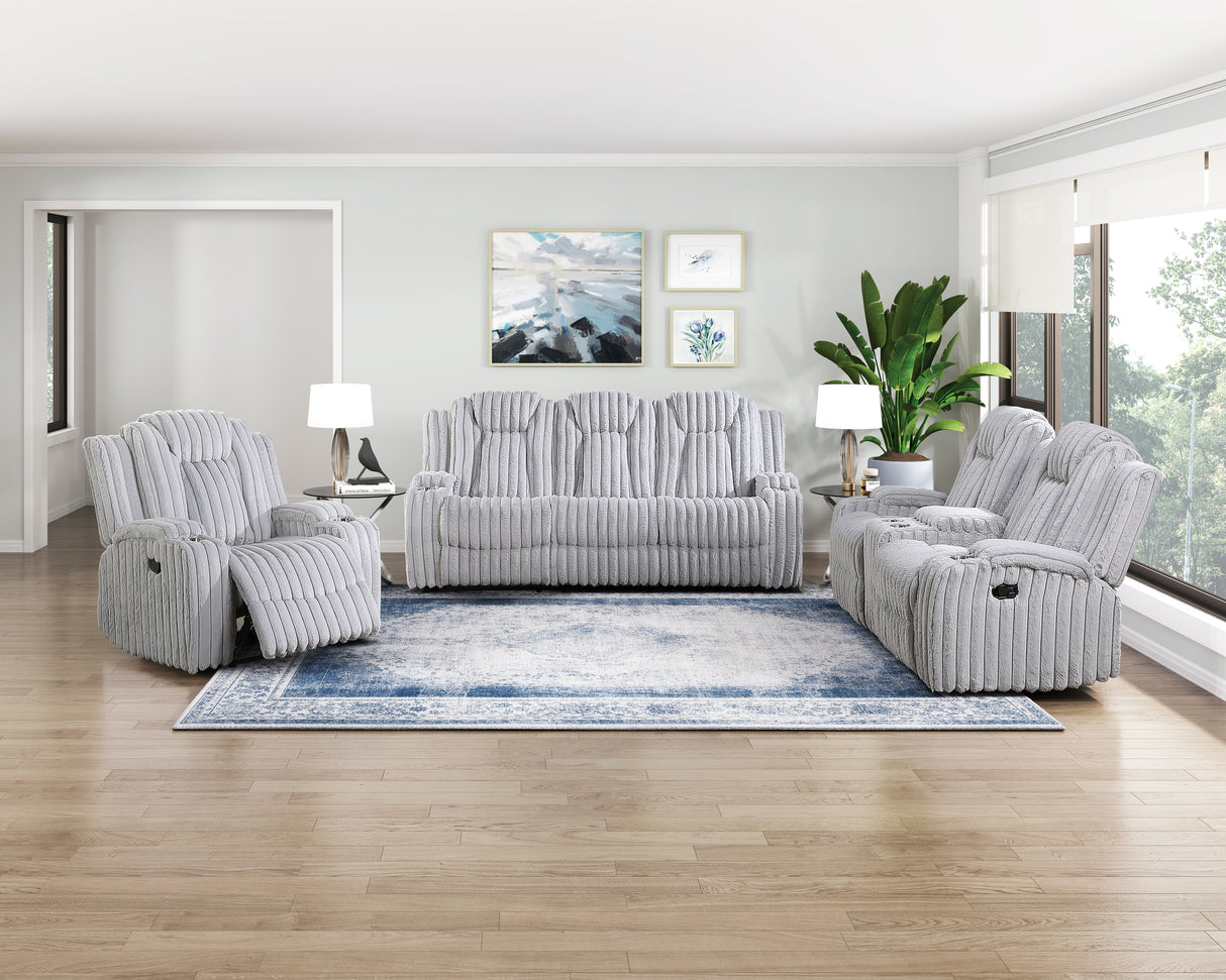Phyllis Light Gray Double Reclining Loveseat with Center Console and Cup Holders from Homelegance - Luna Furniture