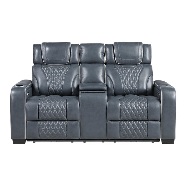 Apex Blue Leather Power Double Reclining Loveseat