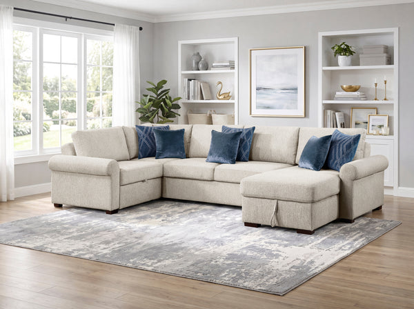 Isla Beige 4-Piece Rolled-Arm Sleeper Sectional with Storage Chaise