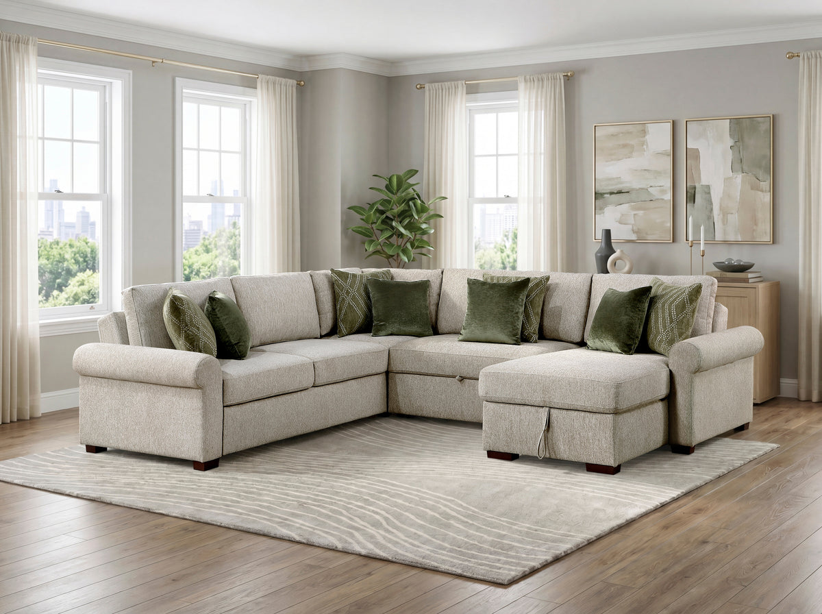 Isla Sage Sand 4-Piece Sectional with Chair and a Half Sleeper and Storage Chaise from Homelegance - Luna Furniture