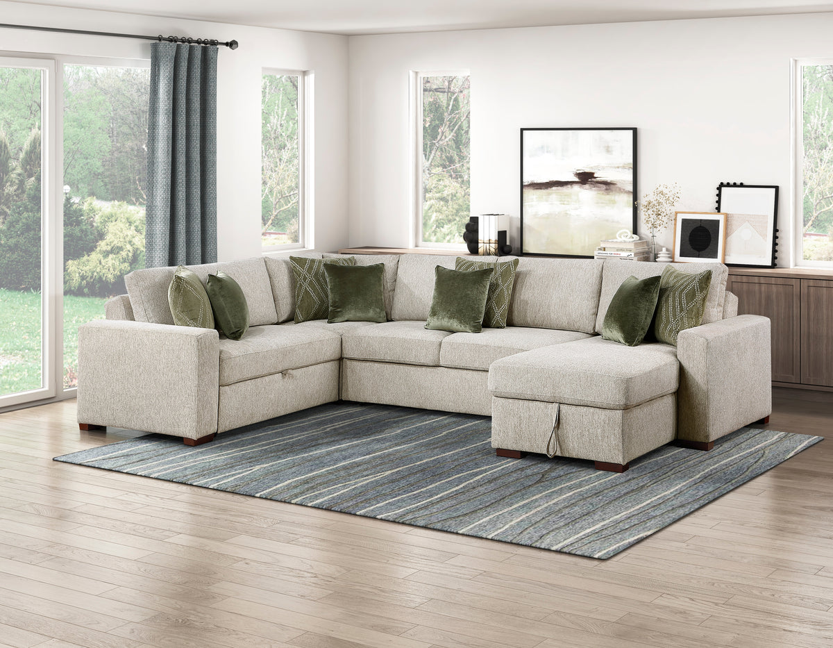Isla Sage Sand 4-Piece Sectional with Chair and a Half Sleeper and Storage Chaise from Homelegance - Luna Furniture