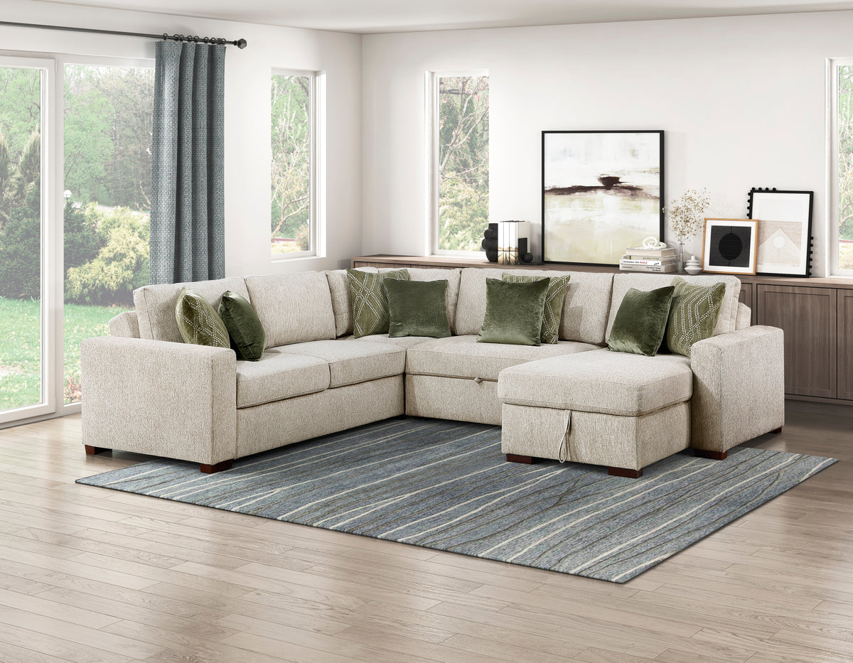 Isla Sage Sand 4-Piece Sectional with Chair and a Half Sleeper and Storage Chaise from Homelegance - Luna Furniture