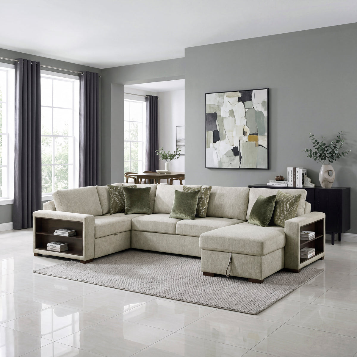 Isla Sage Sand 4-Piece Sleeper Sectional with Storage Chaise and USB Ports