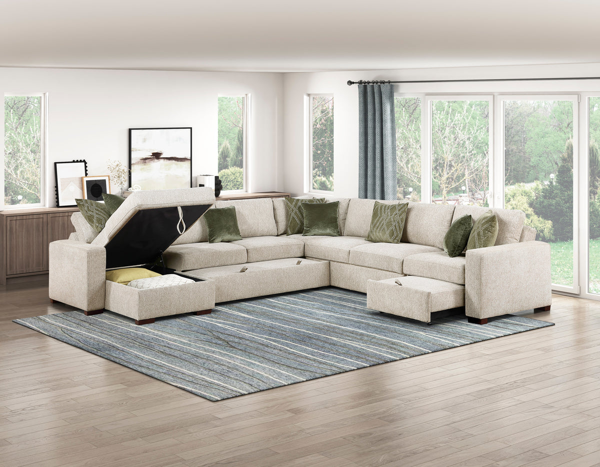 Isla Sage Sand 5-Piece Modular Sectional with Dual Pull-Out Beds and Storage Chaise from Homelegance - Luna Furniture